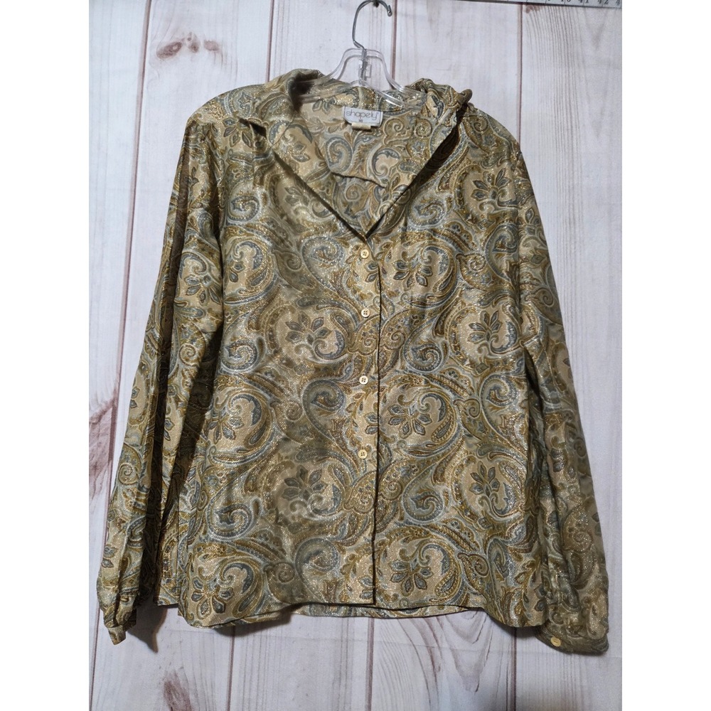 shapely Womens Size 16 Paisley Print Long Sleeve Button Up Shirt Gold Vintage